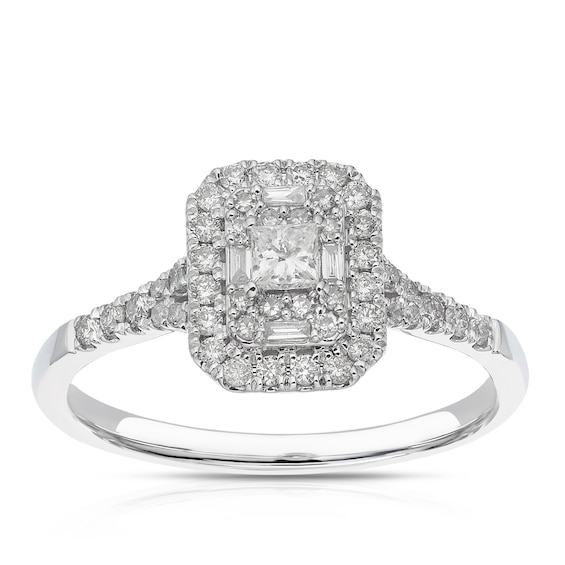 14ct White Gold 0.40ct Diamond Emerald Double Halo Ring