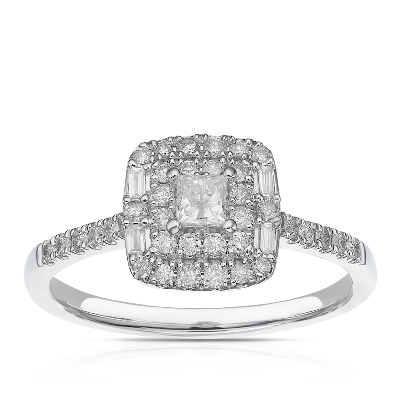 Main Image 1 of 9ct White Gold 0.40ct Diamond Cushion Double Halo Ring
