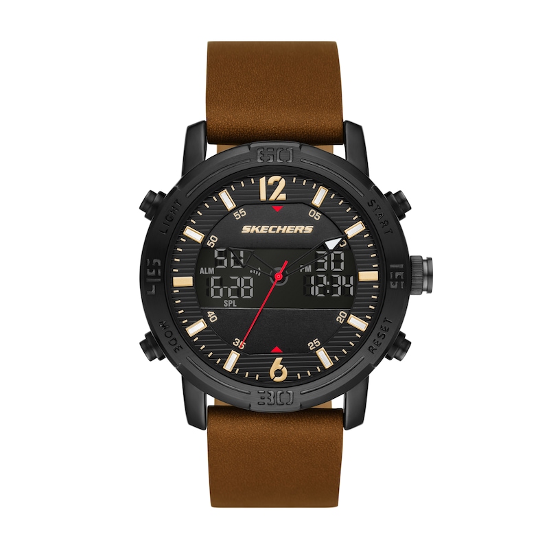 Main Image 1 of Skechers Redlands Men's Black Dual Digital Dial Brown Leather Strap Watch