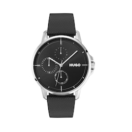 HUGO #Focus Men's Stainless Steel & Black Leather Strap Watch