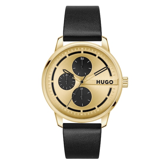 Hugo Men's Gold Tone Dial Black Leather Strap Watch