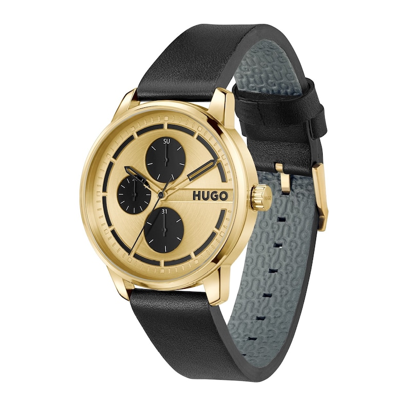 Main Image 2 of Hugo Men's Gold Tone Dial Black Leather Strap Watch