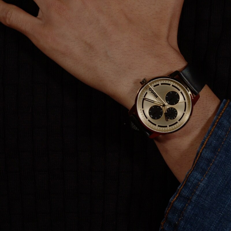 Main Image 5 of Hugo Men's Gold Tone Dial Black Leather Strap Watch