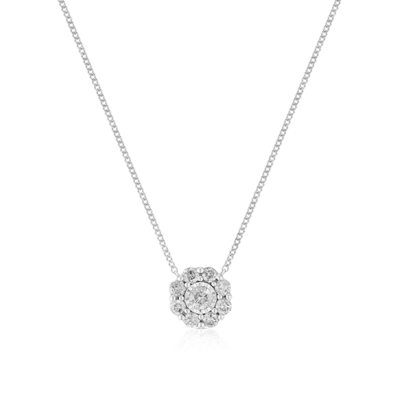 9ct White Gold 0.25ct Diamond Daisy Cluster Pendant Necklace