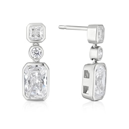 Sterling Silver Platinum Plated Emerald, Round & Princess Cut Cubic Zirconia Drop Earrings