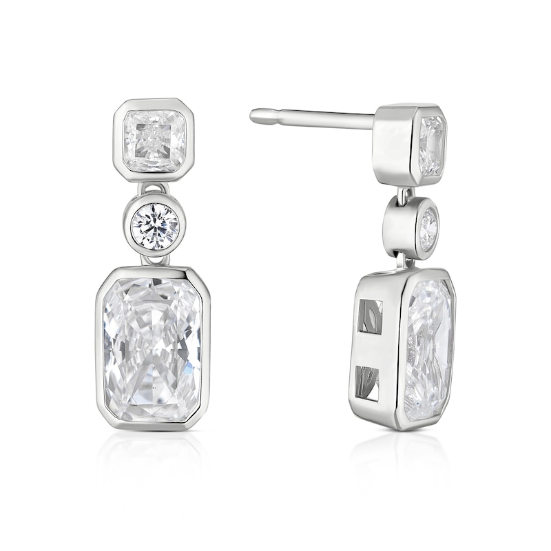 Main Image 1 of Sterling Silver Platinum Plated Emerald, Round & Princess Cut Cubic Zirconia Drop Earrings