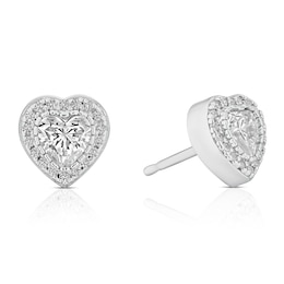 Sterling Silver Platinum Plated Pavé Set CZ Heart Halo Stud Earrings
