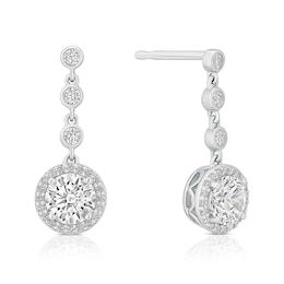Sterling Silver Platinum Plated Pavé Set CZ Round Halo Drop Earrings