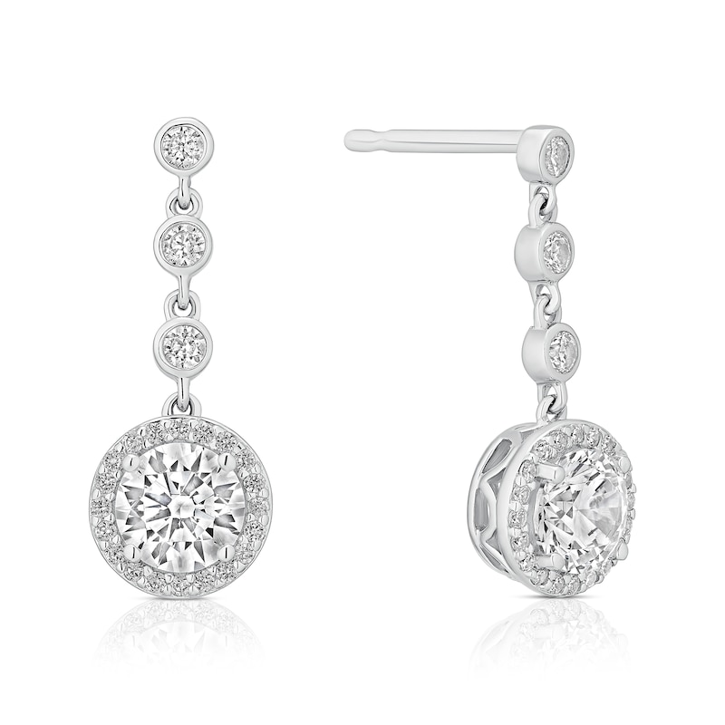 Main Image 1 of Sterling Silver Platinum Plated Pavé Set CZ Round Halo Drop Earrings