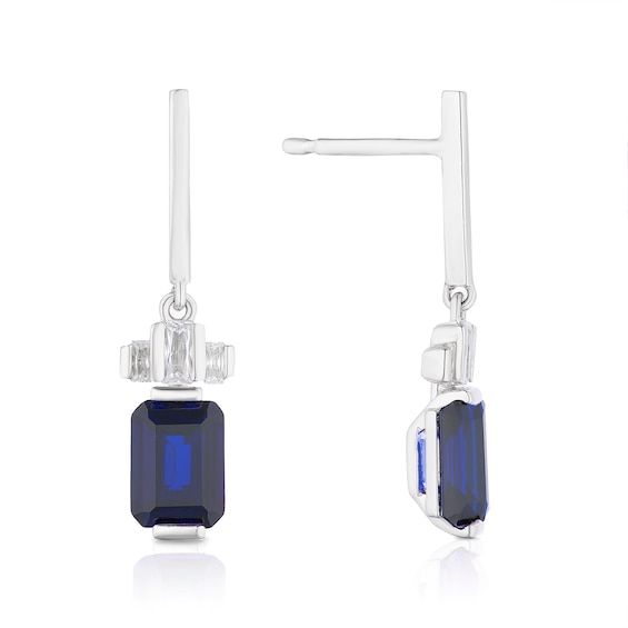 Sterling Silver Platinum Plated Blue Emerald Cut Cubic Zirco