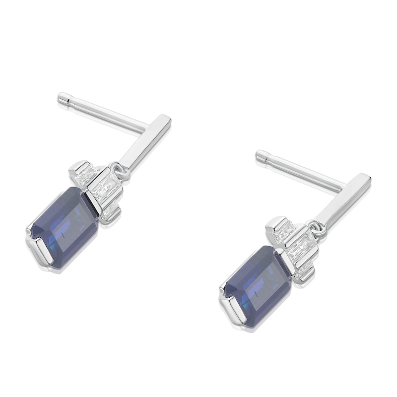 Main Image 2 of Sterling Silver Platinum Plated Blue Emerald Cut Cubic Zirconia Drop Earrings