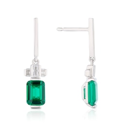 Sterling Silver Platinum Plated Green Emerald Cut Cubic Zirconia Drop Earrings