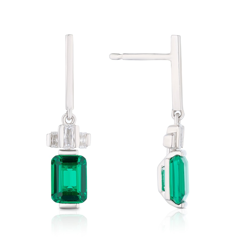 Main Image 1 of Sterling Silver Platinum Plated Green Emerald Cut Cubic Zirconia Drop Earrings