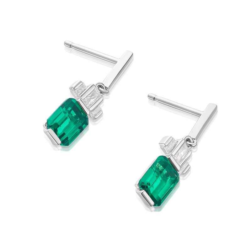 Main Image 2 of Sterling Silver Platinum Plated Green Emerald Cut Cubic Zirconia Drop Earrings