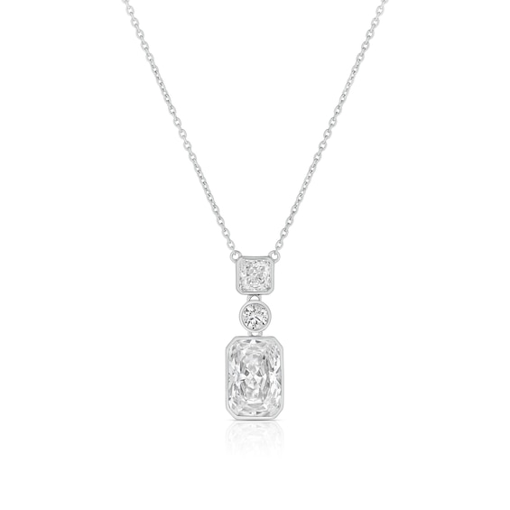 Sterling Silver Platinum Plated Emerald, Round and Princess Cut Cubic Zirconia Pendant 17 Necklace
