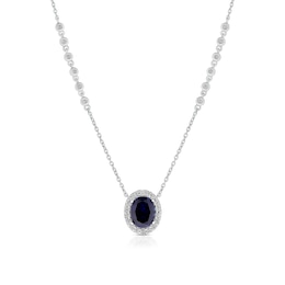 Sterling Silver Platinum Plated Blue Oval Cut Cubic Zirconia Pendant 16+2" Necklace