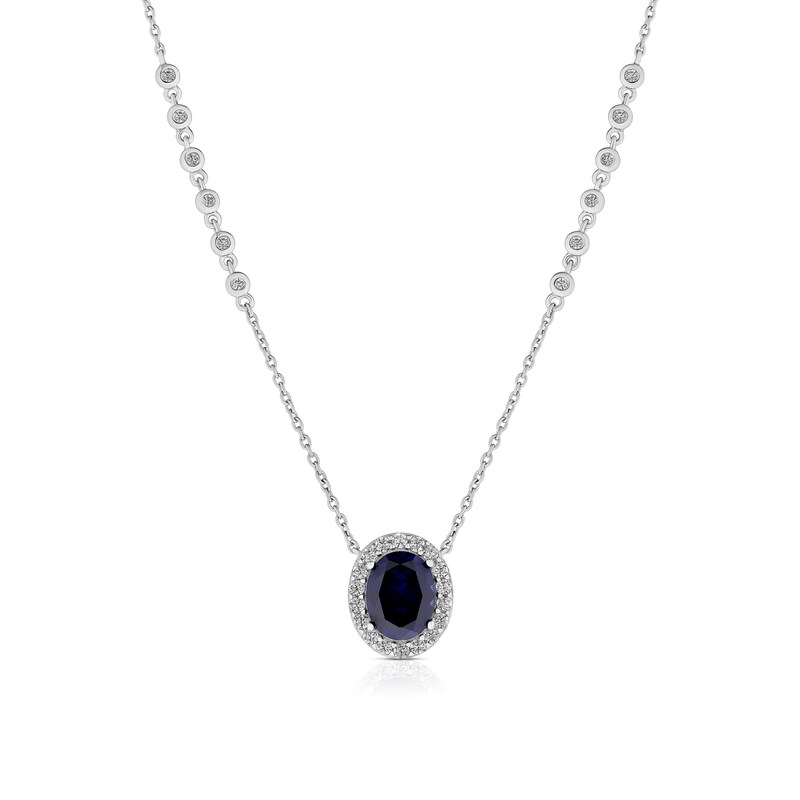 Main Image 1 of Sterling Silver Platinum Plated Blue Oval Cut Cubic Zirconia Pendant 16+2" Necklace