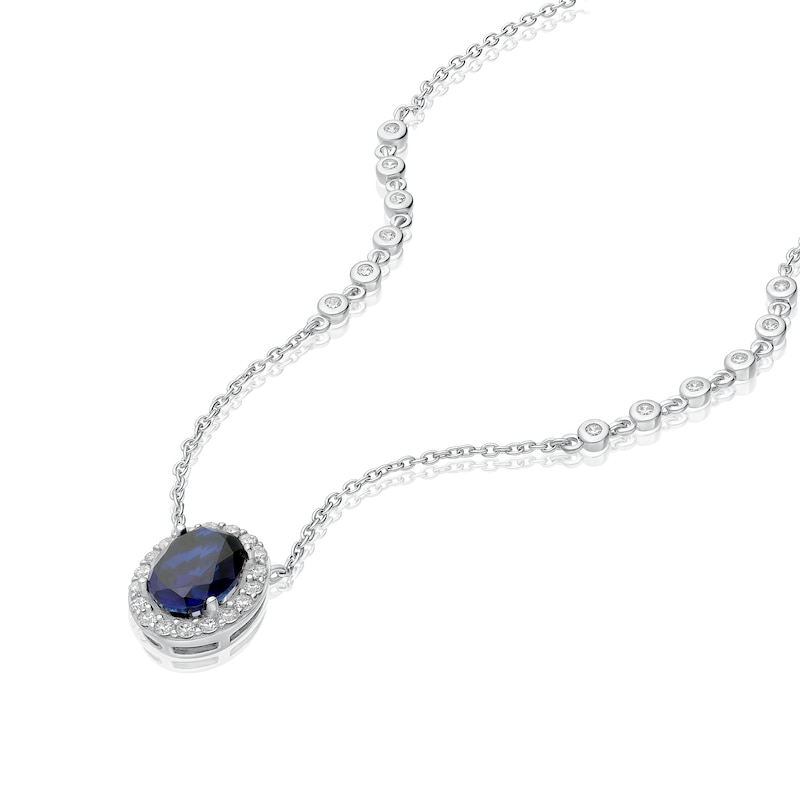 Main Image 2 of Sterling Silver Platinum Plated Blue Oval Cut Cubic Zirconia Pendant 16+2" Necklace