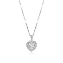 Sterling Silver Platinum Plated Pavé Set CZ Heart Halo Pendant 16+2" Necklace