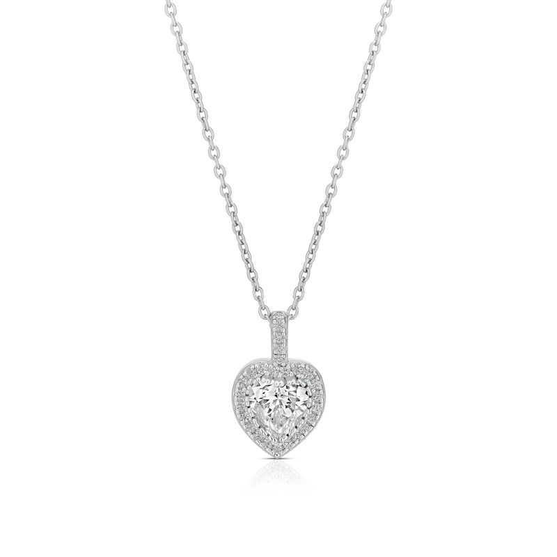 Main Image 1 of Sterling Silver Platinum Plated Pavé Set CZ Heart Halo Pendant 16+2" Necklace