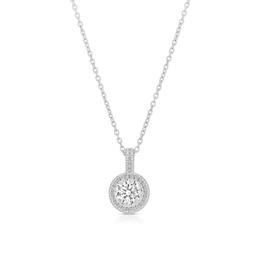 Sterling Silver Platinum Plated Pavé Set CZ Round Halo Pendant 16+2" Necklace
