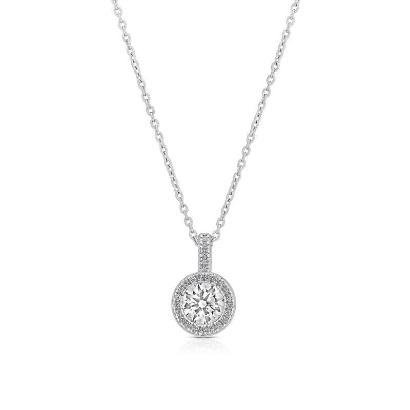 Main Image 1 of Sterling Silver Platinum Plated Pavé Set CZ Round Halo Pendant 16+2" Necklace