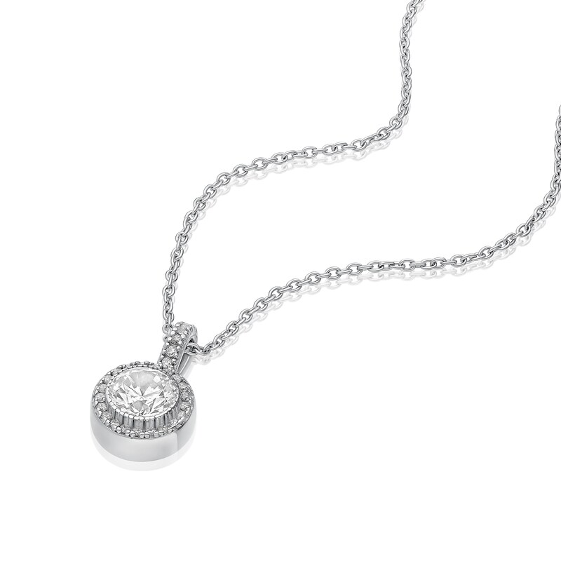 Main Image 2 of Sterling Silver Platinum Plated Pavé Set CZ Round Halo Pendant 16+2" Necklace
