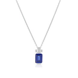 Sterling Silver Platinum Plated Blue Emerald Cut Cubic Zirconia Pendant 16+2&quot; Necklace