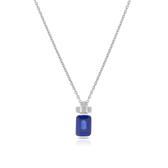 Sterling Silver Platinum Plated Blue Emerald Cut Cubic Zirco