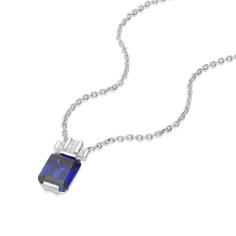 Main Image 2 of Sterling Silver Platinum Plated Blue Emerald Cut Cubic Zirconia Pendant 16+2" Necklace