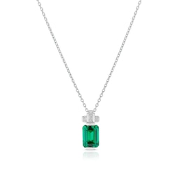 Sterling Silver Platinum Plated Green Emerald Cut Cubic Zirconia Pendant 16+2" Necklace