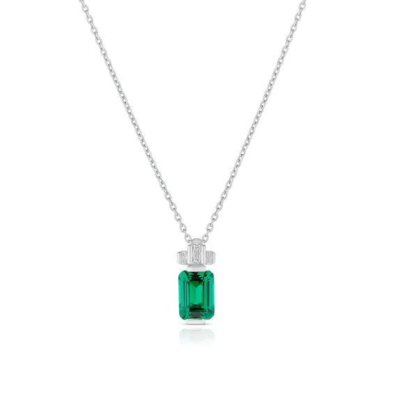 Sterling Silver Platinum Plated Green Emerald Cut Cubic Zirc