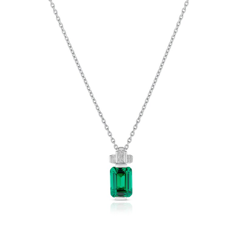 Main Image 1 of Sterling Silver Platinum Plated Green Emerald Cut Cubic Zirconia Pendant 16+2" Necklace