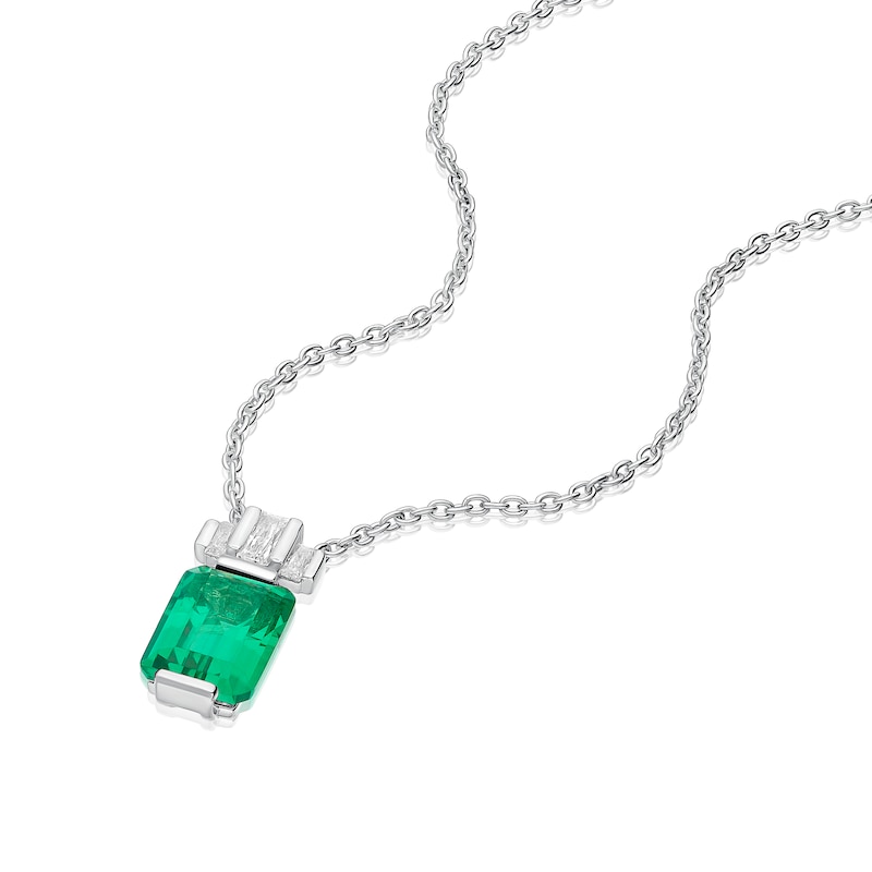 Main Image 2 of Sterling Silver Platinum Plated Green Emerald Cut Cubic Zirconia Pendant 16+2" Necklace