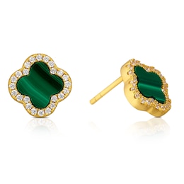 Sterling Silver Gold Plated Clover Malachite & CZ Stud Earrings
