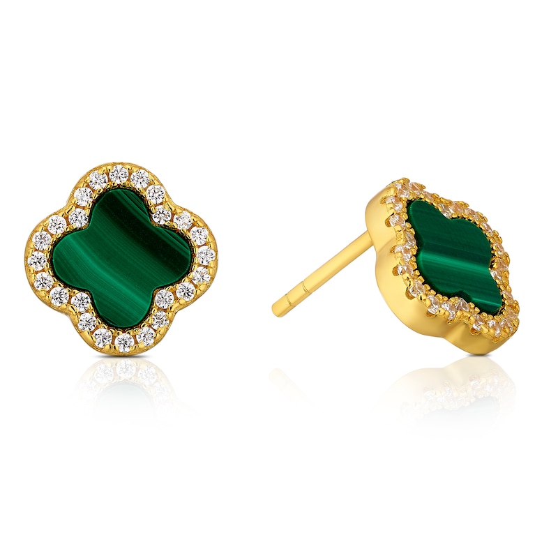 Main Image 1 of Sterling Silver Gold Plated Clover Malachite & CZ Stud Earrings