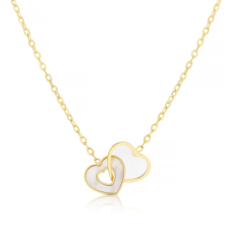 Main Image 1 of 9ct Yellow Gold Linked Mother Of Pearl Heart Adjustable 15.5+1" Necklace