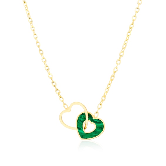 9ct Yellow Gold Linked Malachite Heart Adjustable 15.5+1 Necklace