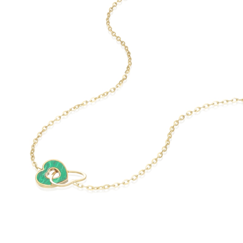 Main Image 2 of 9ct Yellow Gold Linked Malachite Heart Adjustable 15.5+1" Necklace