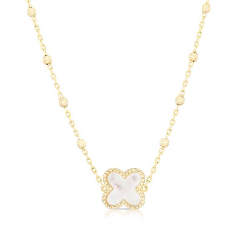 Main Image 1 of 9ct Yellow Gold Mother Of Pearl Clover Ball Pendant 16+1" Necklace