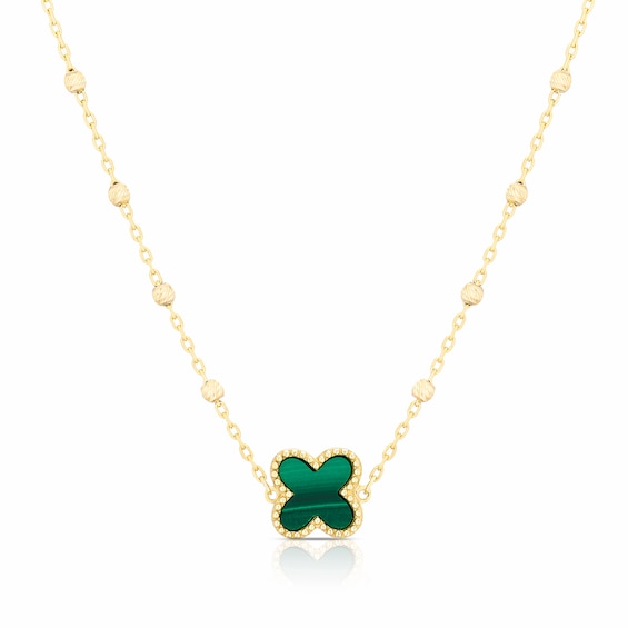 9ct Yellow Gold Malachite Clover Ball Pendant 16+1 Necklace