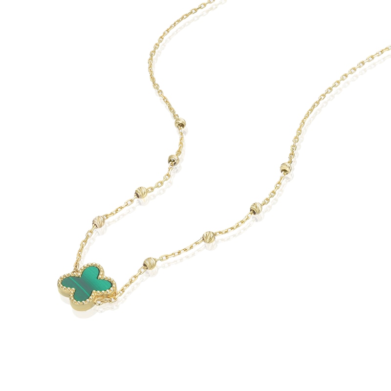Main Image 2 of 9ct Yellow Gold Malachite Clover Ball Pendant 16+1" Necklace