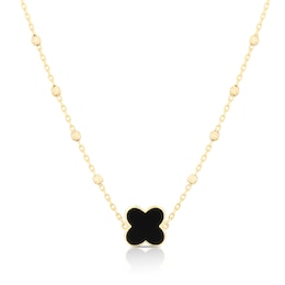 9ct Yellow Gold Onyx Clover Ball Pendant 16+1" Necklace
