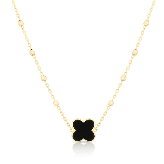 9ct Yellow Gold Onyx Clover Ball Pendant 16+1 Necklace