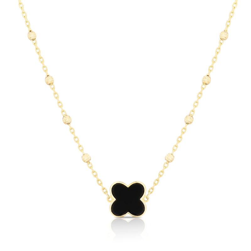 Main Image 1 of 9ct Yellow Gold Onyx Clover Ball Pendant 16+1" Necklace