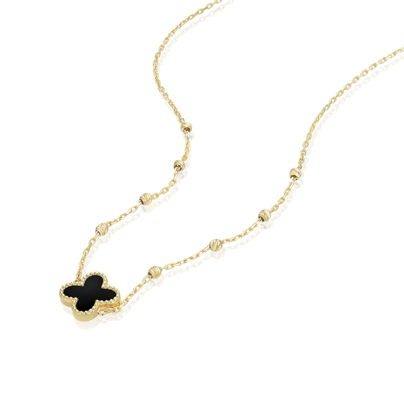 Main Image 2 of 9ct Yellow Gold Onyx Clover Ball Pendant 16+1" Necklace