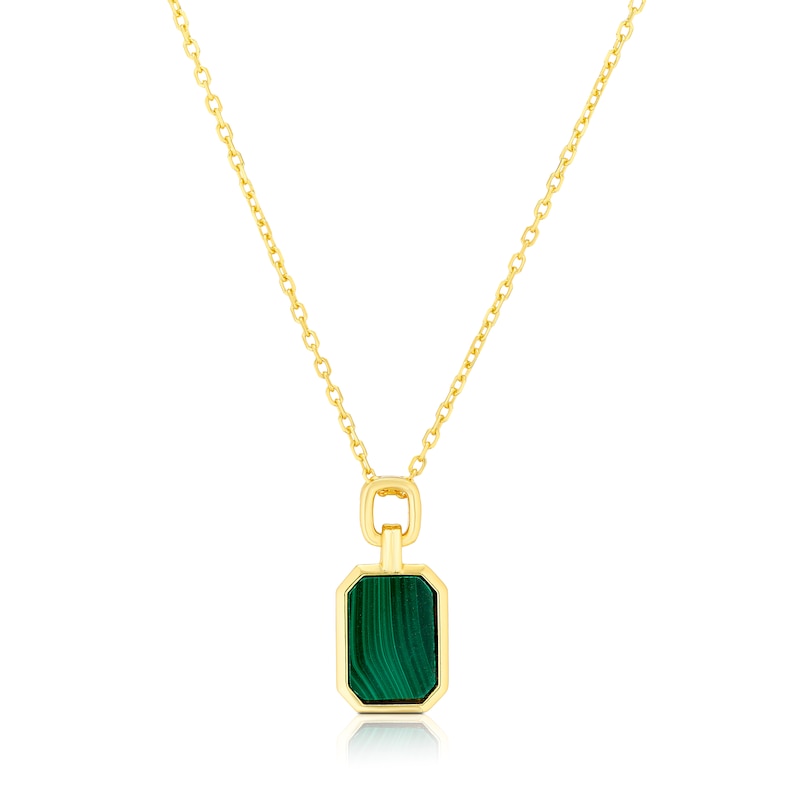 Main Image 1 of Sterling Silver Gold Plated Octagonal Malachite Pendant 16.5+1" Necklace