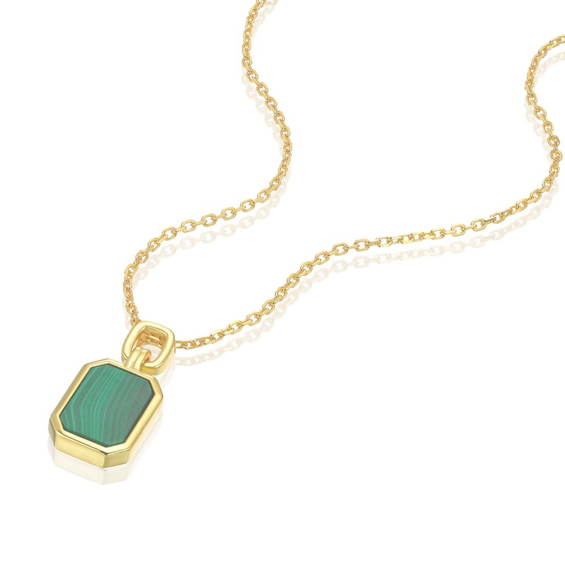 Main Image 2 of Sterling Silver Gold Plated Octagonal Malachite Pendant 16.5+1" Necklace