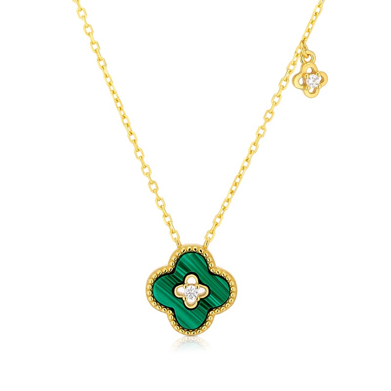 Main Image 1 of Sterling Silver Gold Plated Clover Malachite & CZ Charm 16.5+1" Necklace