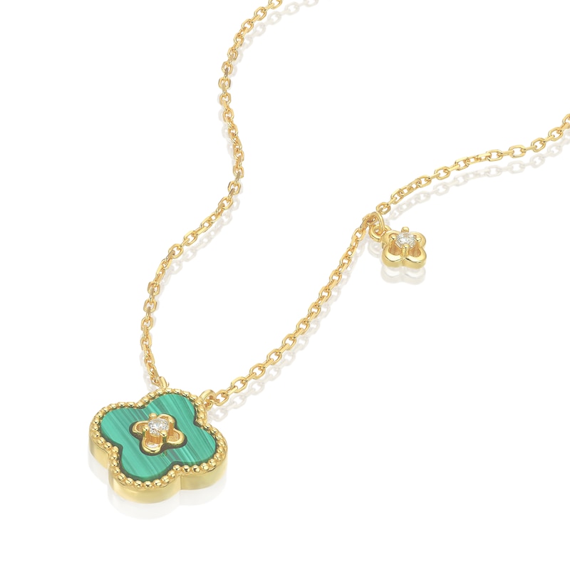 Main Image 2 of Sterling Silver Gold Plated Clover Malachite & CZ Charm 16.5+1" Necklace